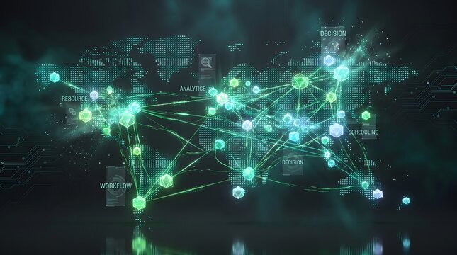 Complex web of luminous connections linking polygonal crystal nodes across green digital world map representing global multi agent coordination