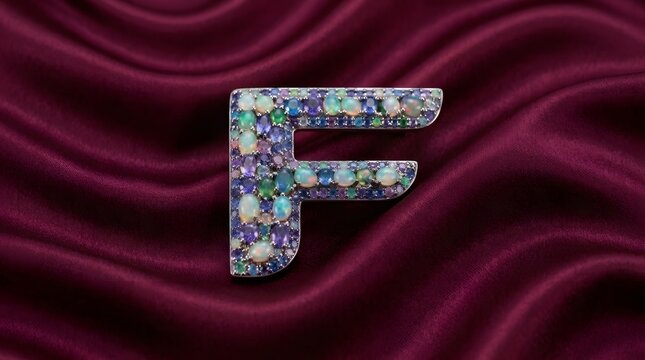 Close-up of a silver letter F brooch embedded with opals and colorful gemstones on draped burgundy satin fabric