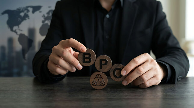 Businessman holding wooden blocks with BPC acronym for business process