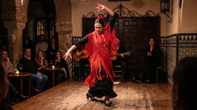 Flamenco performer dancing on wooden stage in intimate tablao with seated audience and live guitarist, red fringed shawl and focused expression conveying traditional rhythm and drama