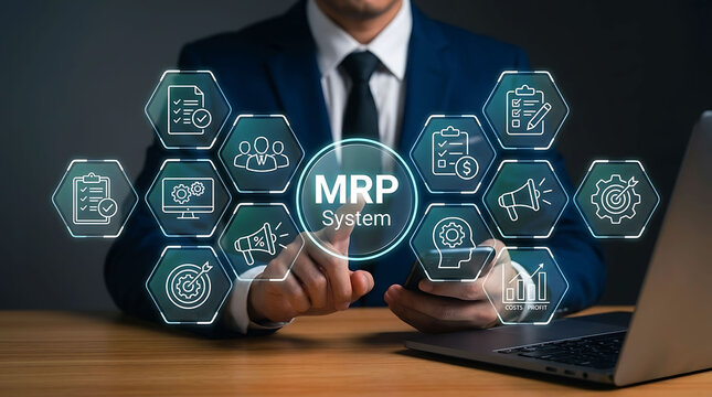 Businessman managing manufacturing planning with digital MRP system interface