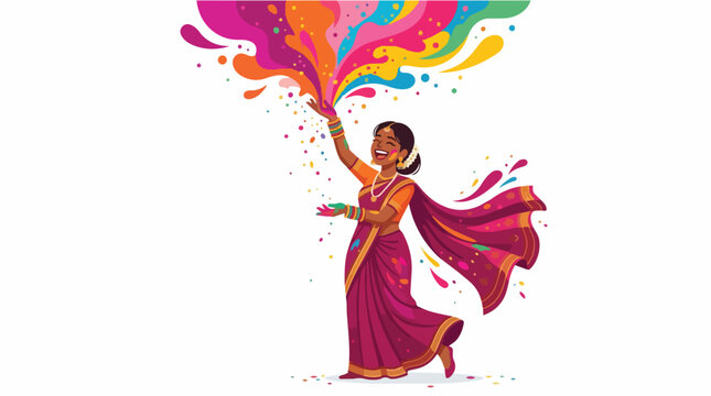 Woman in traditional Indian clothing throwing colorful paint into the air with her right hand, against a white background with vibrant splashes of color.