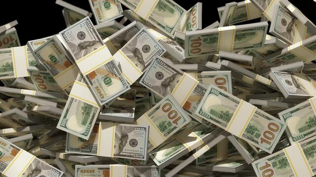 Bundles of US hundred-dollar bills form a large mass of cash against a transparent background. Concepts of wealth, financial flow, profit, and loss.
