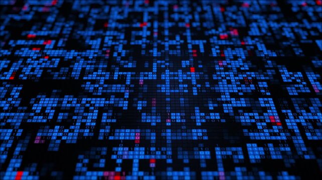 Abstract digital data grid with binary code visualization, big data analytics with artificial intelligence and cyber network information technology, futuristic database and computing background