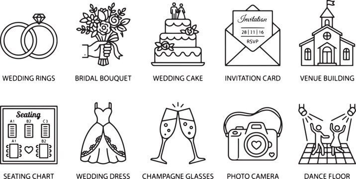 Minimalist wedding line icons set, 10 bridal celebration vector elements, elegant marriage ceremony symbols for invitation design and event planning