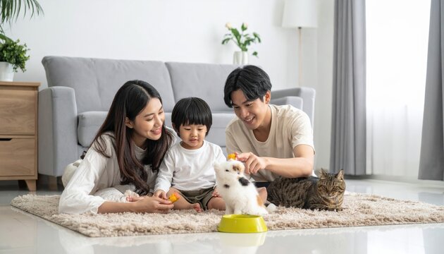 Family playing with cat and toys on rug.