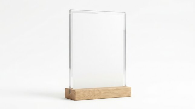 Empty acrylic sign holder with a wooden base standing on a clean white background in studio light