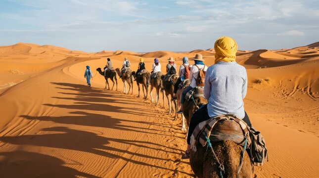 Tourists riding camels in a caravan across the orange sand dunes of the sahara desert