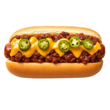 Chili cheese hot dog topped with spicy jalapeno slices and melted cheddar cheese sauce isolated for fast food restaurant menu design advertising and culinary marketing banner