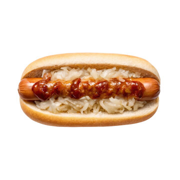New York style hot dog topped with classic sauerkraut and savory onion sauce isolated for street food vendor promotional banners traditional american diner menu layouts and culinary marketing