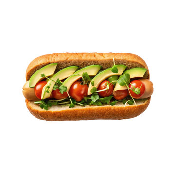 Vegetarian plant based hot dog topped with fresh avocado slices cherry tomatoes and microgreens for healthy vegan cafe menu design organic food promotional campaigns and alternative fast food graphics