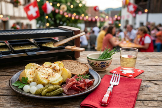 Swiss raclette meal served outdoors during a celebration with people and flags in the blurred background.