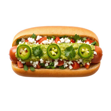 Spicy Mexican style hot dog topped with fresh guacamole jalapeno slices cotija cheese and diced tomatoes for tex-mex restaurant menu design creative street food marketing and food advertising