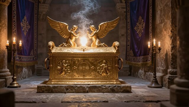A majestic golden Ark of the Covenant sits in a stone chamber, flanked by lit candelabras and blue tapestries. Two winged cherubim kneel atop it as divine light radiates between them.