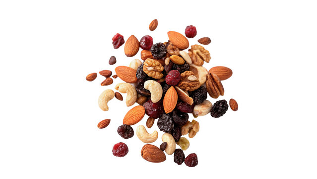 Pile of assorted healthy raw nuts and sweet dried fruits isolated on transparent background