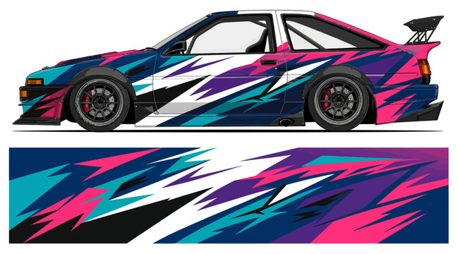 Colorful racing car with vibrant abstract design wrap.