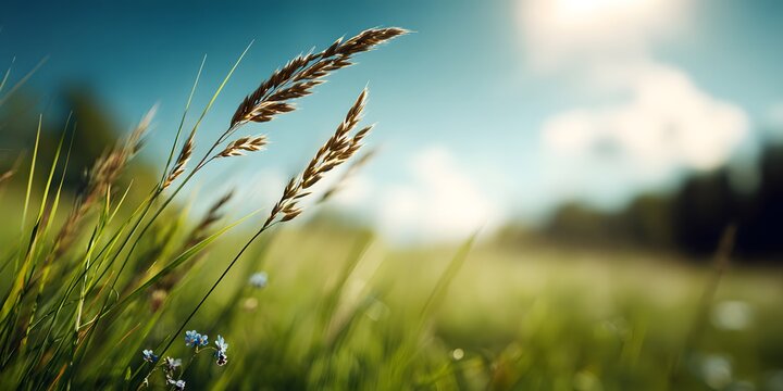 Green grass field with brown seed heads and blue flowers