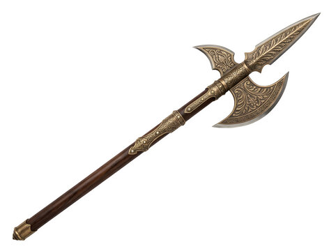 A medieval polearm halberd with a sharp steel blade and an ornate bronze shaft featuring intricate floral engravings and wood handle isolated on a transparent background