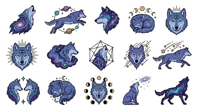 Cosmic Wolf Illustrations - Celestial Animals and Galaxy Art