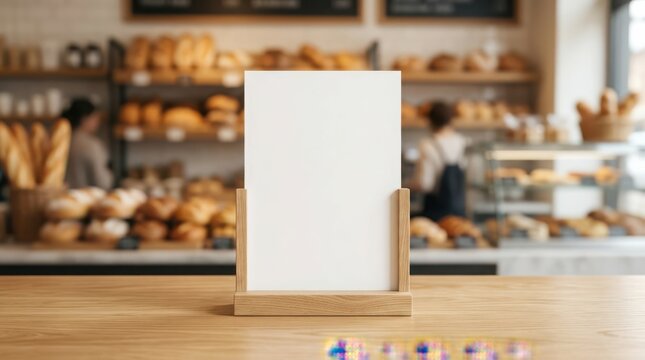 Blank White Menu Card Standing on a Wooden Counter in a Blurred Bakery Shop Interior Setting