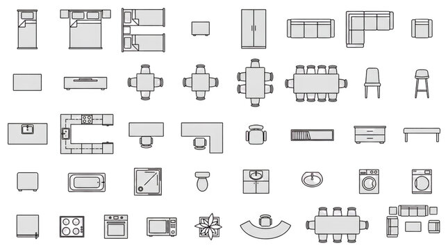 Vector Architectural Top View Furniture CAD Block Set for Interior Design Floor Plans with Residential and Office Furnishings