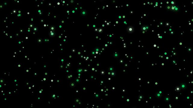 Abstract black background with glowing green and white light particles resembling a starry night sky or digital space