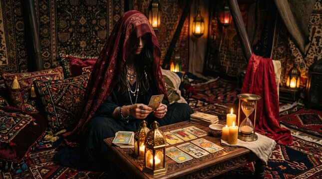 Female tarot reader seated in richly patterned tent arranging cards on low wooden table with candles and hourglass, evocative intimate ritual atmosphere