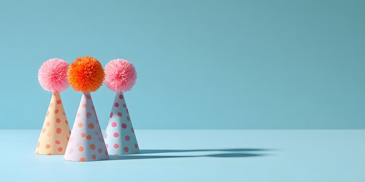 Three colorful party hats with pom poms on a blue background