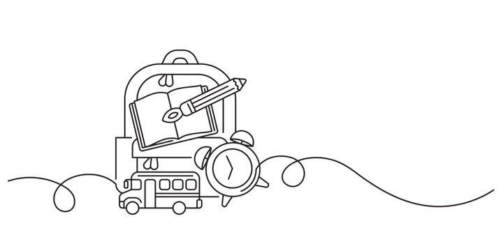 back to school concept minimalism single line illustration. school bus,school bag,book,alarm,rocket pencil icon symbol footer design element copy space
