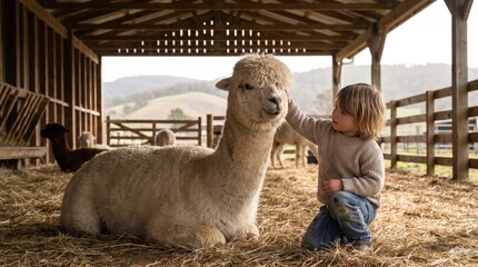 Fototapeta premium Child petting large alpaca inside wooden barn on rural farm, boy kneeling next to resting woolly animal in hay, calm morning farm interaction and animal care