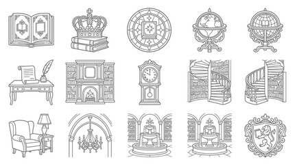 Obraz premium Vintage Library Icon Set: Books, Globes, Desk, Clock, Coat of Arms