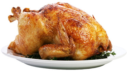 Whole roasted chicken with crispy golden brown skin on white plate with herbs © Lena