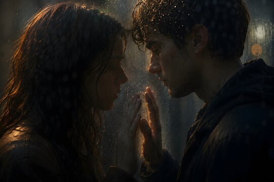 Emotional couple standing on opposite sides of a rainy glass pane, reaching out to touch hands, cinematic mood.