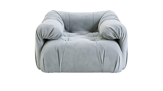 Plush grey armchair with rounded arms and tufted seat