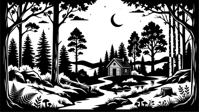 Mystic Forest Cabin Landscape Art, Minimalist Monochrome Nature Illustration, Crescent Moon Woodland Vector Graphic