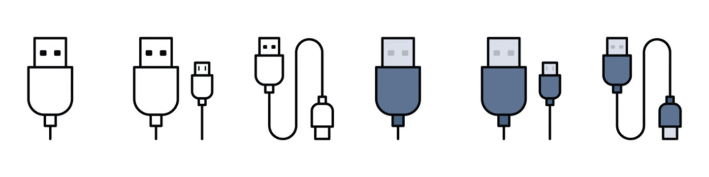 Usb icon set with data cable connector. Vector illustration of realistic computer hardware flat symbol, colorful line mobile charging wire peripheral transfer connection template on white background.