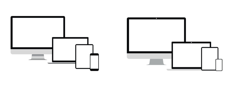 Device mockup icon set with responsive screen. Vector illustration of realistic desktop monitor flat symbol, colorful line laptop tablet smartphone mobile display layout template on white background.