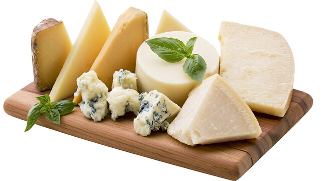 Assortment of cheeses including blue cheese parmesan, and cheddar on wooden board