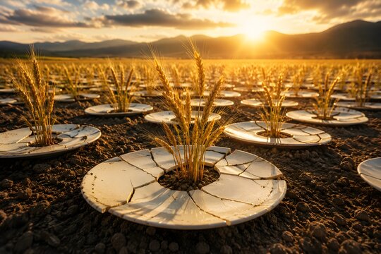 Surreal concept of wheat stalks growing through cracked ceramic plates on arid farmland at sunset, representing food scarcity and environmental challenges.