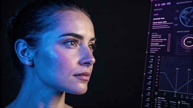 A woman with a focused expression analyzes data and charts displayed on a futuristic digital screen.