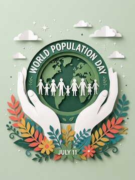Green paper art illustration of world population day with hands holding the earth with layered paper craft design showing hands cradling green globe white figures floral elements
