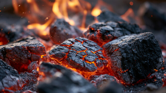Glowing Charcoal Embers and Flames in Close Up Fire Background