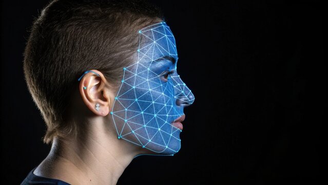 Side profile of a person with facial recognition mesh overlay in blue on a dark background.