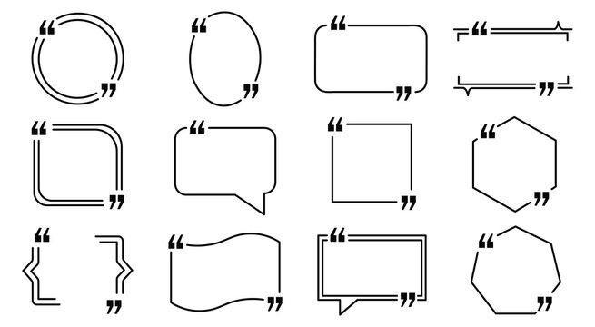 Quote icon set with speech bubble frame. Vector illustration of realistic quotation flat symbol, colorful line comment dialog citation text box message banner template on white background.