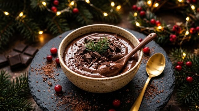 Decadent chocolate mousse dessert garnished with chocolate chunks and pine sprig, served with cranberries and holiday lights in the background.