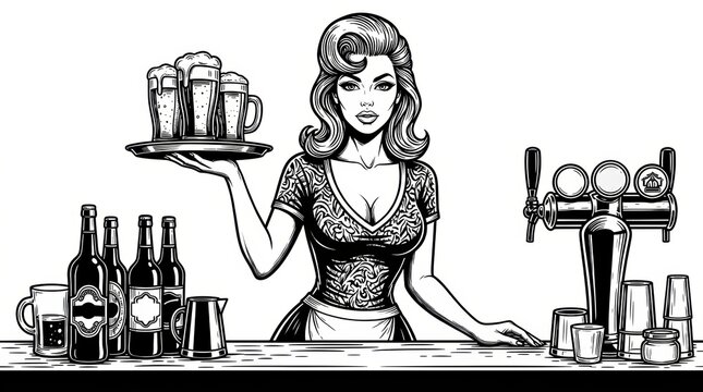 barmaid holding a tray of beer, surrounded by bottles, taps, and bar equipment sketch engraving generative ai fictional character vector illustration.