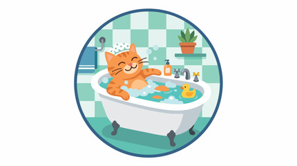Fototapeta premium Playful cartoon cat bathing in orange cat bathtub with bubbles and a rubber duck toy during bath time scene in teal tub