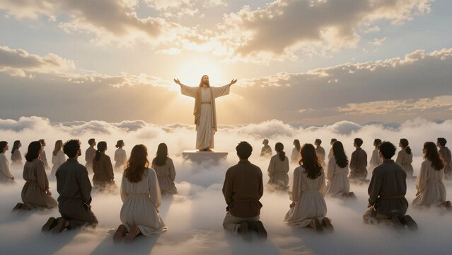 A depiction of Jesus standing with open arms amidst clouds, surrounded by a diverse group of kneeling followers looking up towards him.