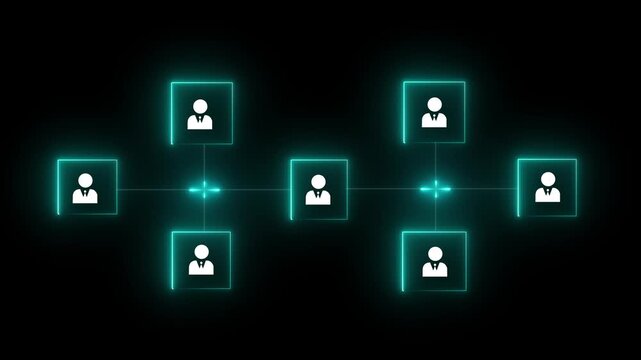 Neon line cubes with human icons connected by arrows and central cube with red check mark symbolizing teamwork and approval in network animation concept on a black background.
