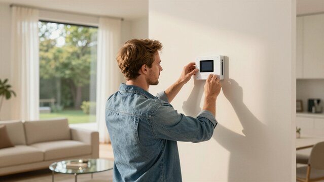 A rear view of a man in a denim shirt mounting an electronic security control unit on a white wall inside a modern living room.